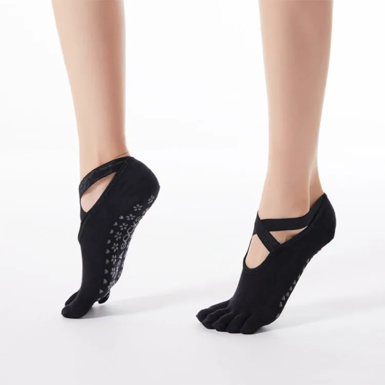 1 Pair Five-Finger Cross-Lace Yoga Cotton Socks Fashion Non-Slip Sports Dance Socks, Size: One Size(Full Toe (Black))