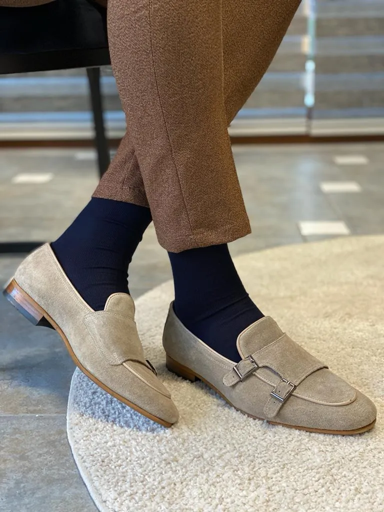 Augusta  Suede Beige Double Buckle Shoes