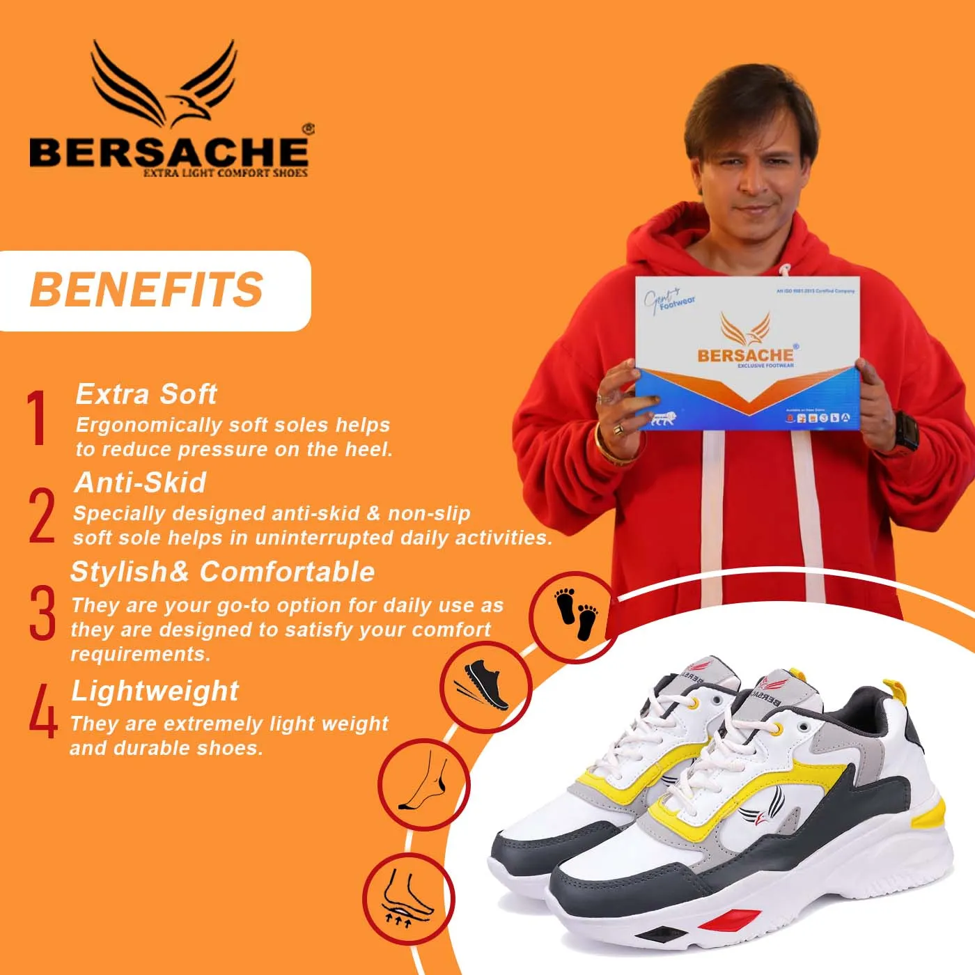 Bersache Lightweight Casual Sneaker Shoes For Men Yellow-9011