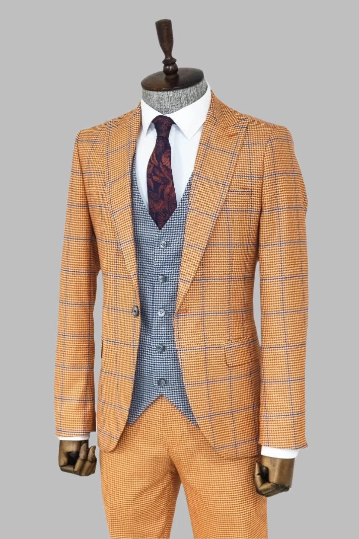 Checked Patterned Slim Fit Orange Men Suit - Wessi