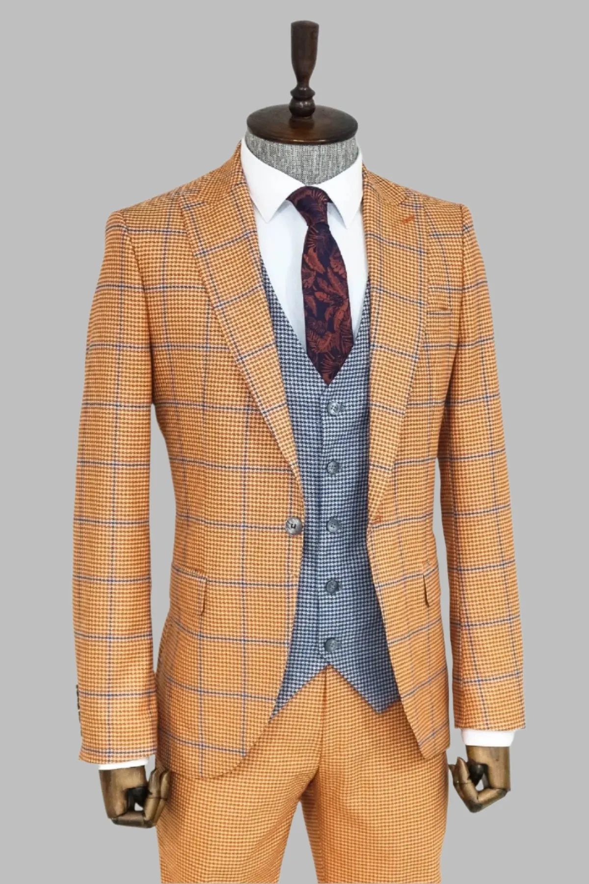Checked Patterned Slim Fit Orange Men Suit - Wessi