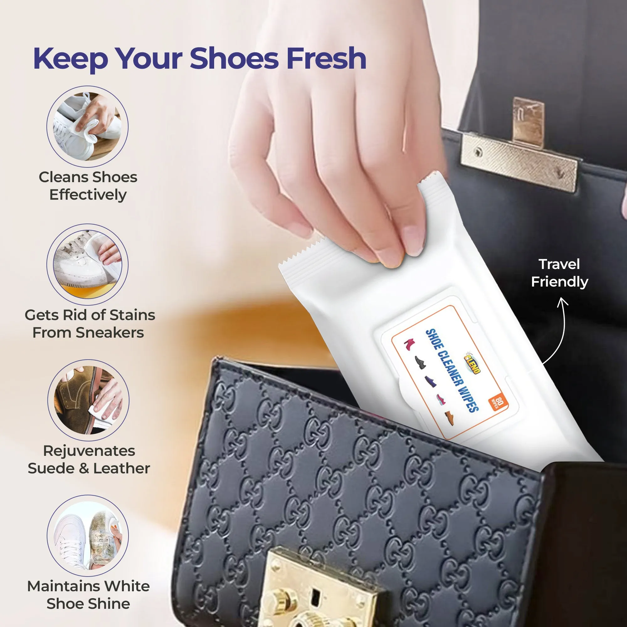 Cleno Shoe Cleaner Wet Wipes For Shoes/Loafers/Sandals/Slippers/Traditional Footwear/Athletic Shoes/Sneakers/White Shoes/Golf-Tennis Shoes/Scrub Off Dirt/Mud - 80 Wipes | Pack of 2 (Ready to Use)