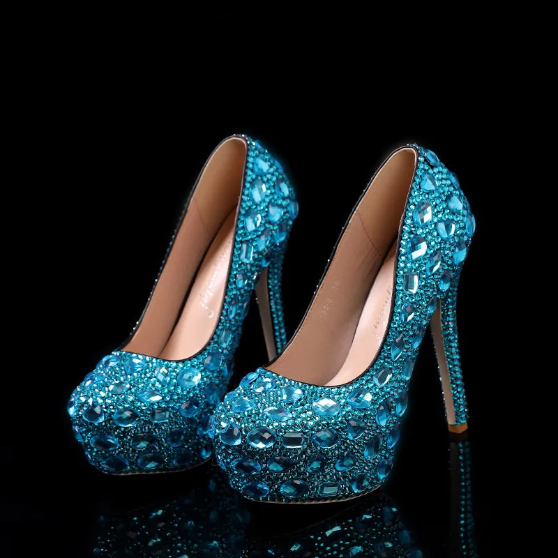Elegant Blue Ballroom Round-toe High Heel Wedding Shoes