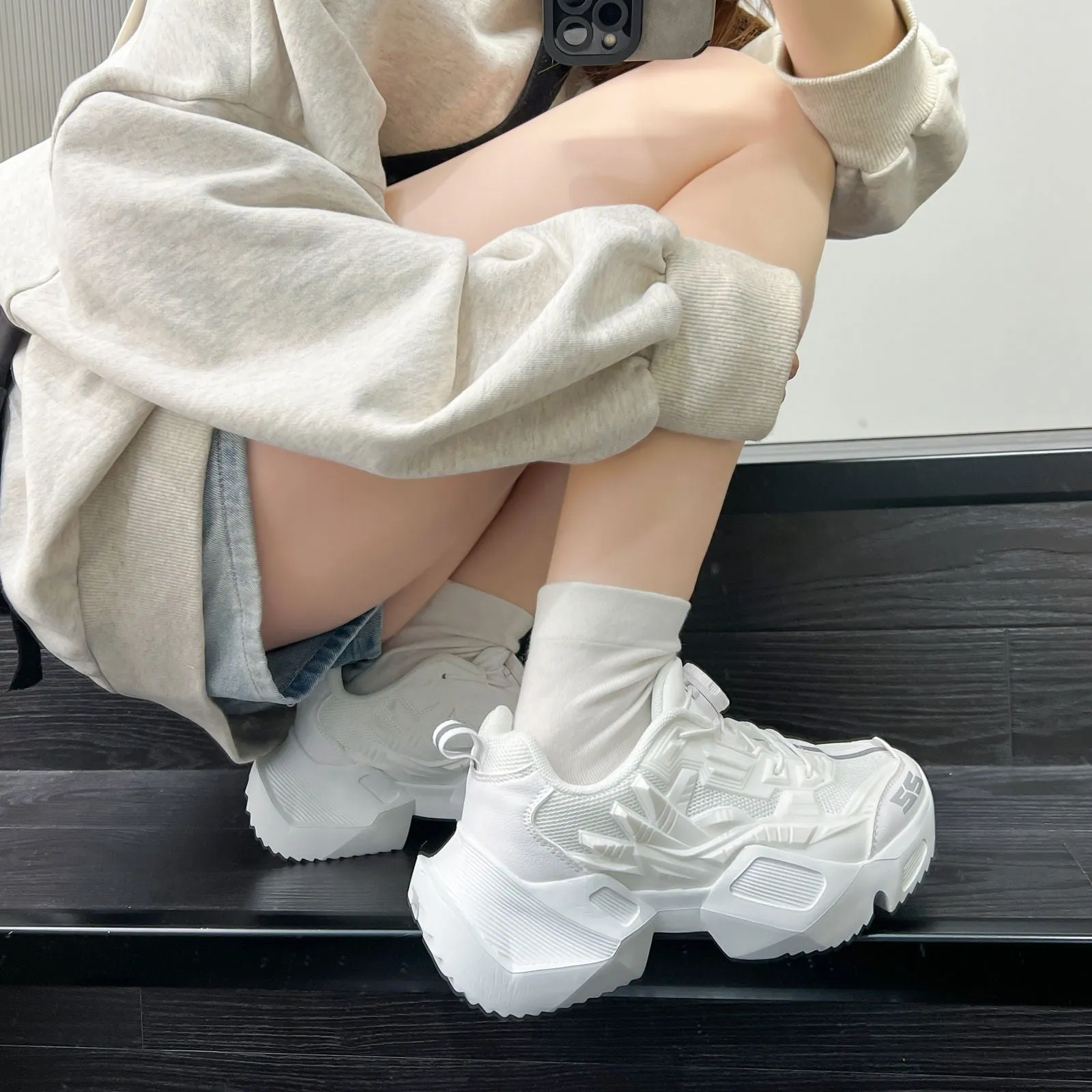 Height Boosting Chunky Heels Low Top Trainers Sneakers