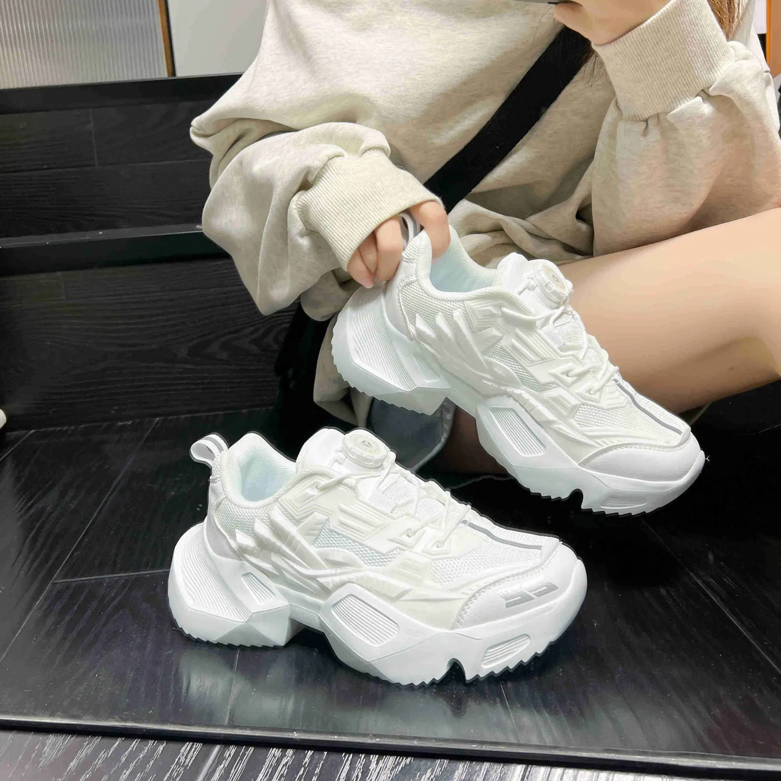 Height Boosting Chunky Heels Low Top Trainers Sneakers