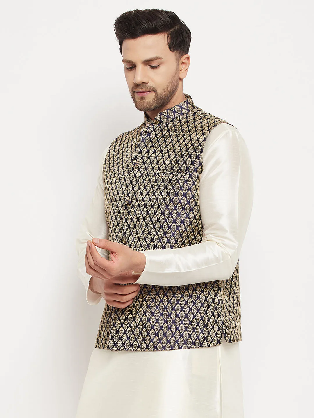 Jashvi Men's Blue Cotton Silk Blend Ethnic Jacket