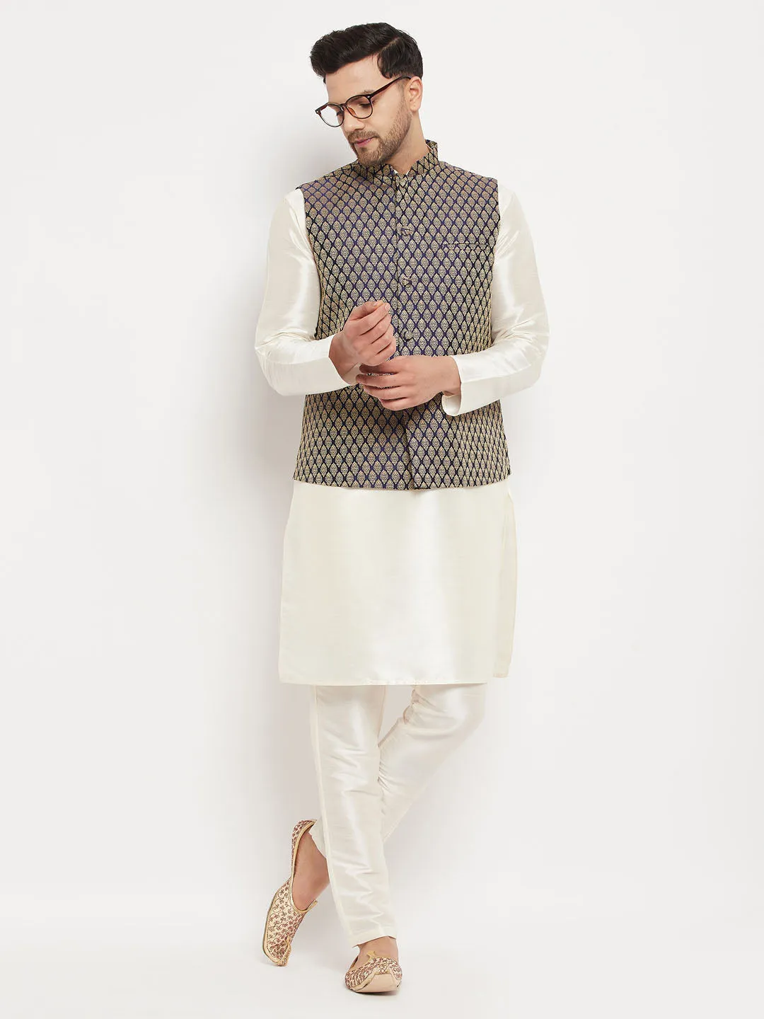 Jashvi Men's Blue Cotton Silk Blend Ethnic Jacket