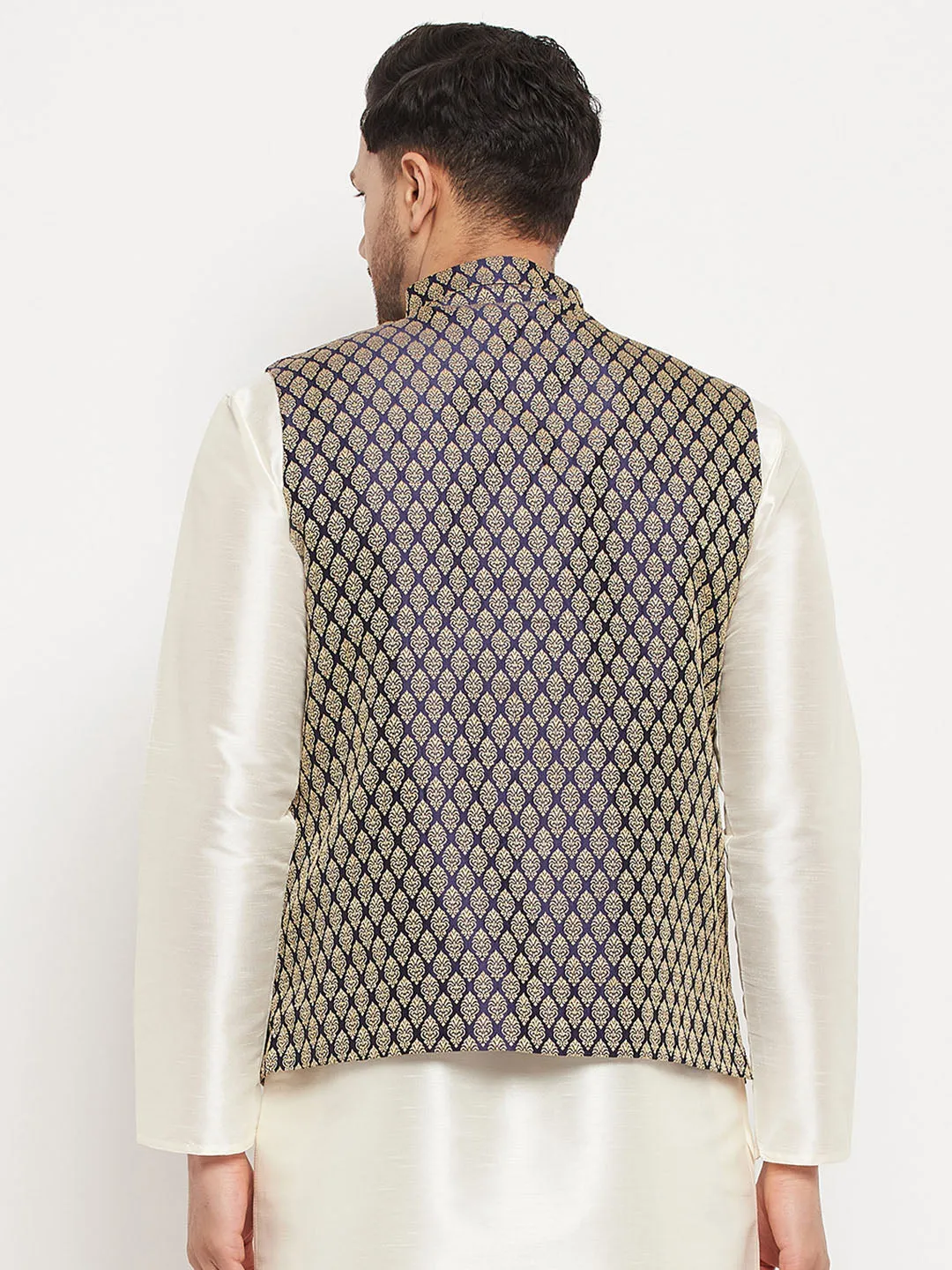Jashvi Men's Blue Cotton Silk Blend Ethnic Jacket