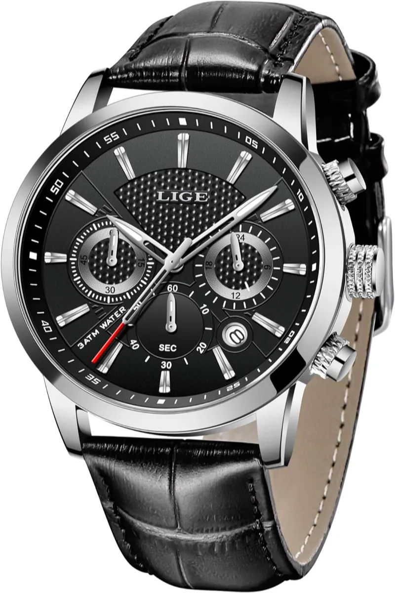Men's Leather Band Analog Quartz Watch with Round Dial