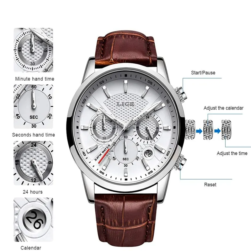 Men's Leather Band Analog Quartz Watch with Round Dial