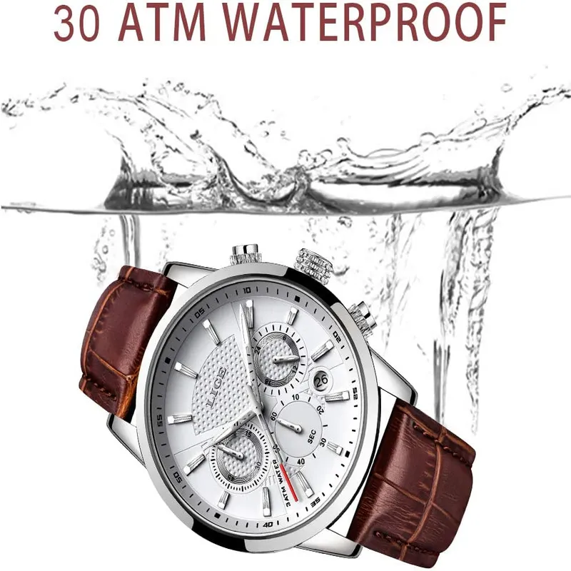 Men's Leather Band Analog Quartz Watch with Round Dial