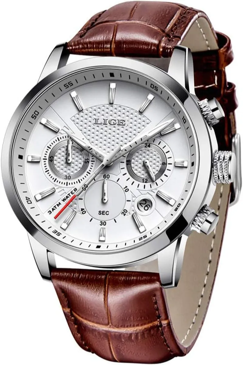 Men's Leather Band Analog Quartz Watch with Round Dial