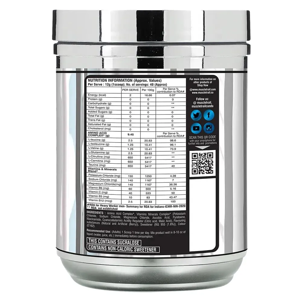 Muscle Trail Amino Power | Health Supplement Powder | 480g, 40 servings (Peach Mango) | Perfect blend of Amino Acids to promote Muscle Recovery