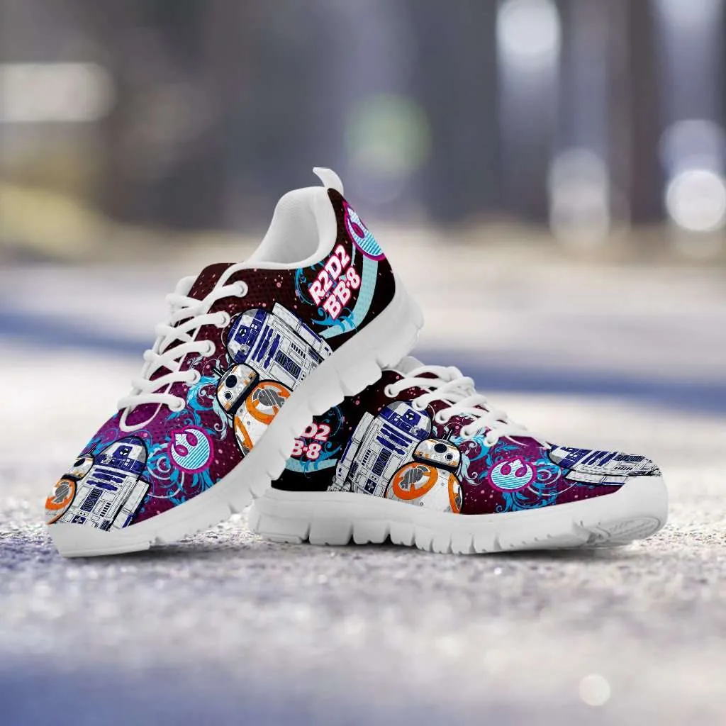 R2-D2 and BB-8 As Friends on Blue/Pink Youth Sizes Running Shoes