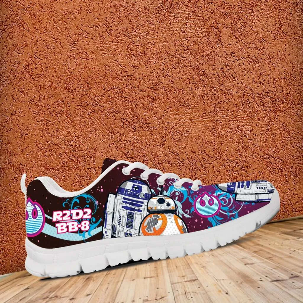 R2-D2 and BB-8 As Friends on Blue/Pink Youth Sizes Running Shoes