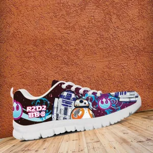 R2-D2 and BB-8 As Friends on Blue/Pink Youth Sizes Running Shoes