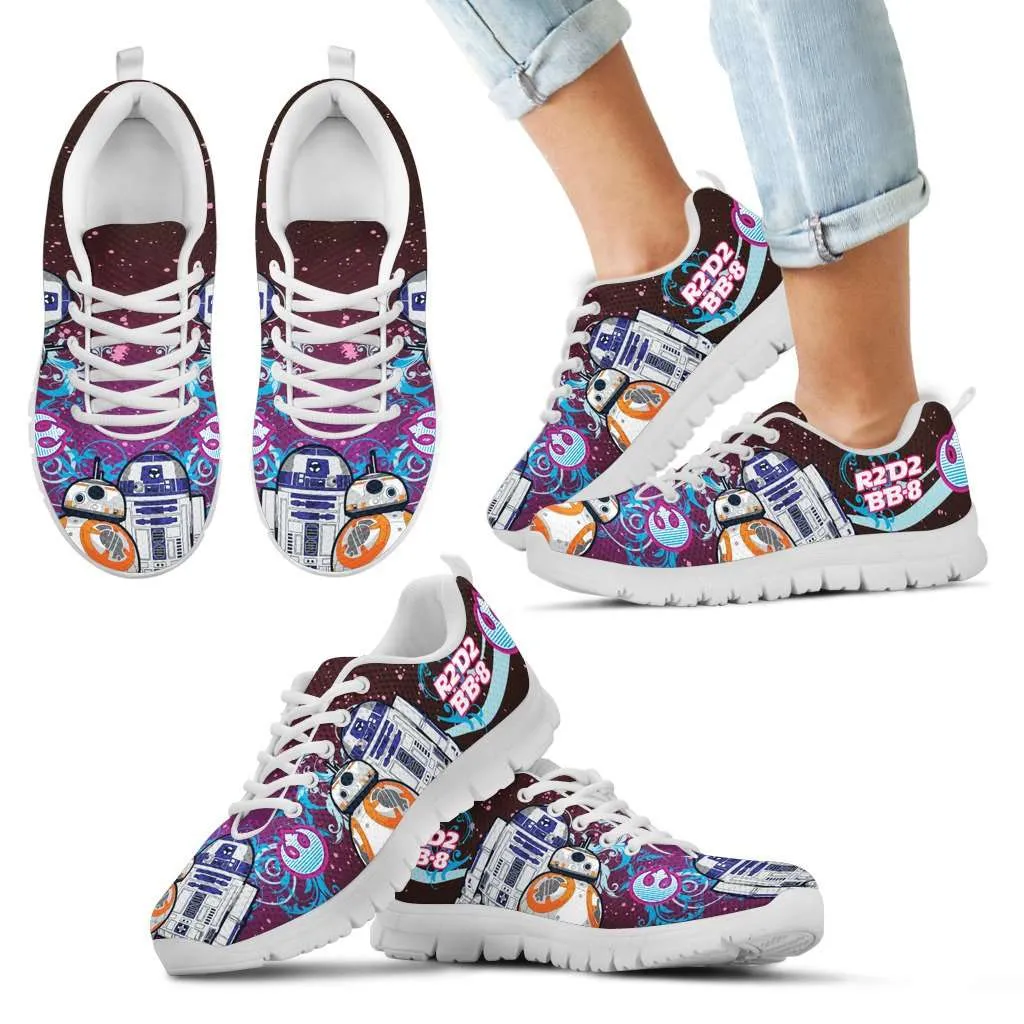 R2-D2 and BB-8 As Friends on Blue/Pink Youth Sizes Running Shoes