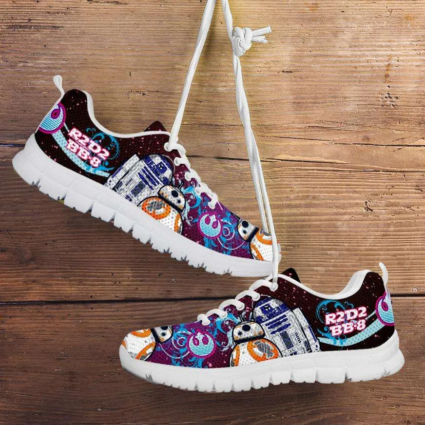 R2-D2 and BB-8 As Friends on Blue/Pink Youth Sizes Running Shoes