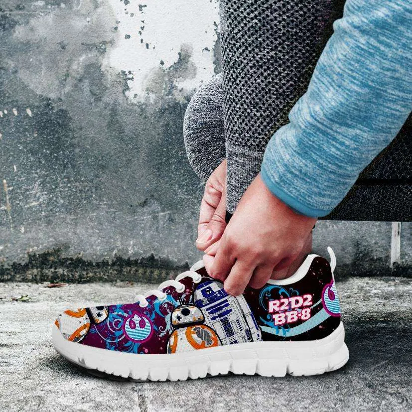 R2-D2 and BB-8 As Friends on Blue/Pink Youth Sizes Running Shoes