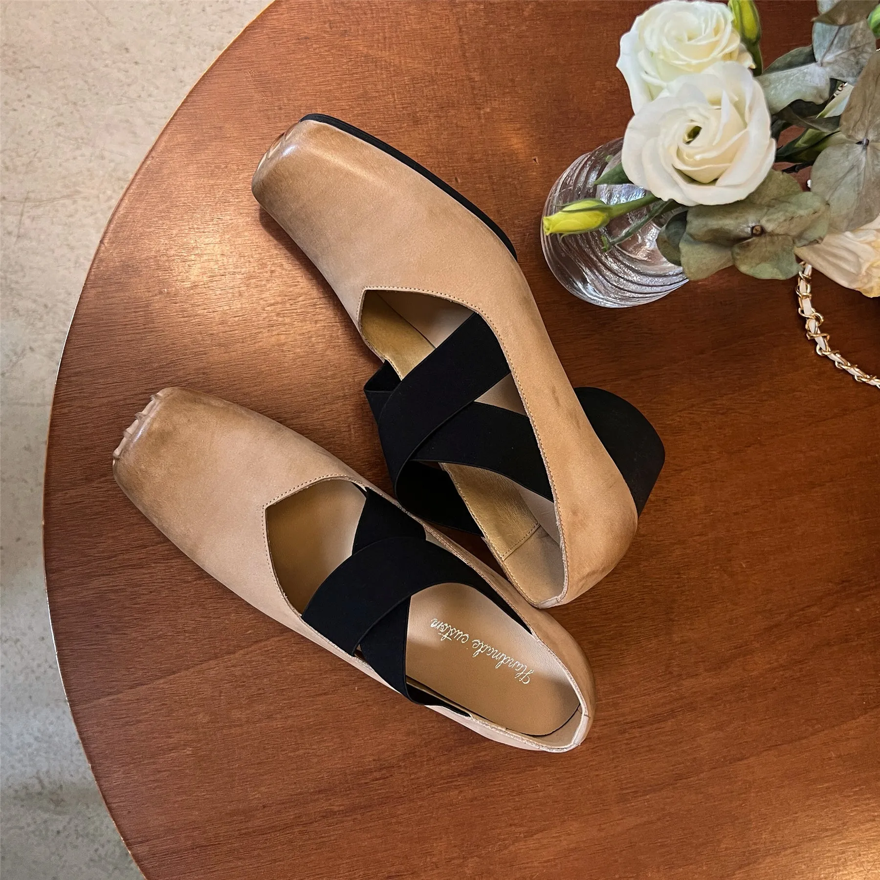 TinaCus Women's Genuine Leather Elastic Band Handmade Square Toe Ballet Pumps Shoes