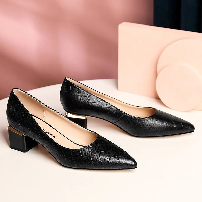 TinaCus Women's Genuine Leather Handmade Clear Pointed Toe Low Block Heel Slip On Classic Loafer Pumps