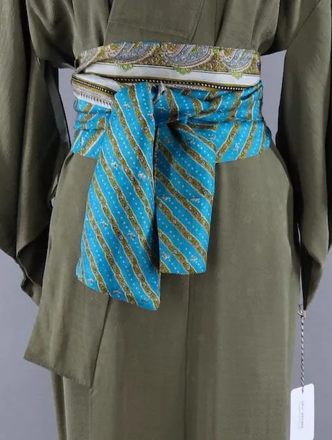 Vintage 1950s Silk Kimono Robe / Olive Army Green